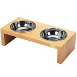 Pet Double Silver Bowl Feeder Luxury Cherry Wood Station Small