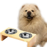 Pet Double Silver Bowl Feeder Luxury Oak Wood Station Large