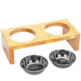 Pet Double Silver Bowl Feeder Luxury Oak Wood Station Small