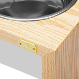 Pet Double Silver Bowl Feeder Luxury Oak Wood Station Small