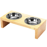 Pet Double Silver Bowl Feeder Luxury Oak Wood Station Small