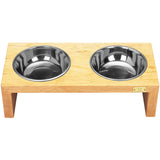 Pet Double Silver Bowl Feeder Luxury Oak Wood Station Small