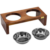 Pet Double Silver Bowl Feeder Luxury Walnut Wood Station Small