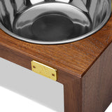 Pet Double Silver Bowl Feeder Luxury Walnut Wood Station Small