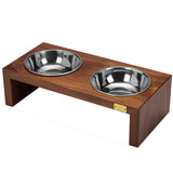 Pet Double Silver Bowl Feeder Luxury Walnut Wood Station Small