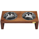 Pet Double Silver Bowl Feeder Luxury Walnut Wood Station Small